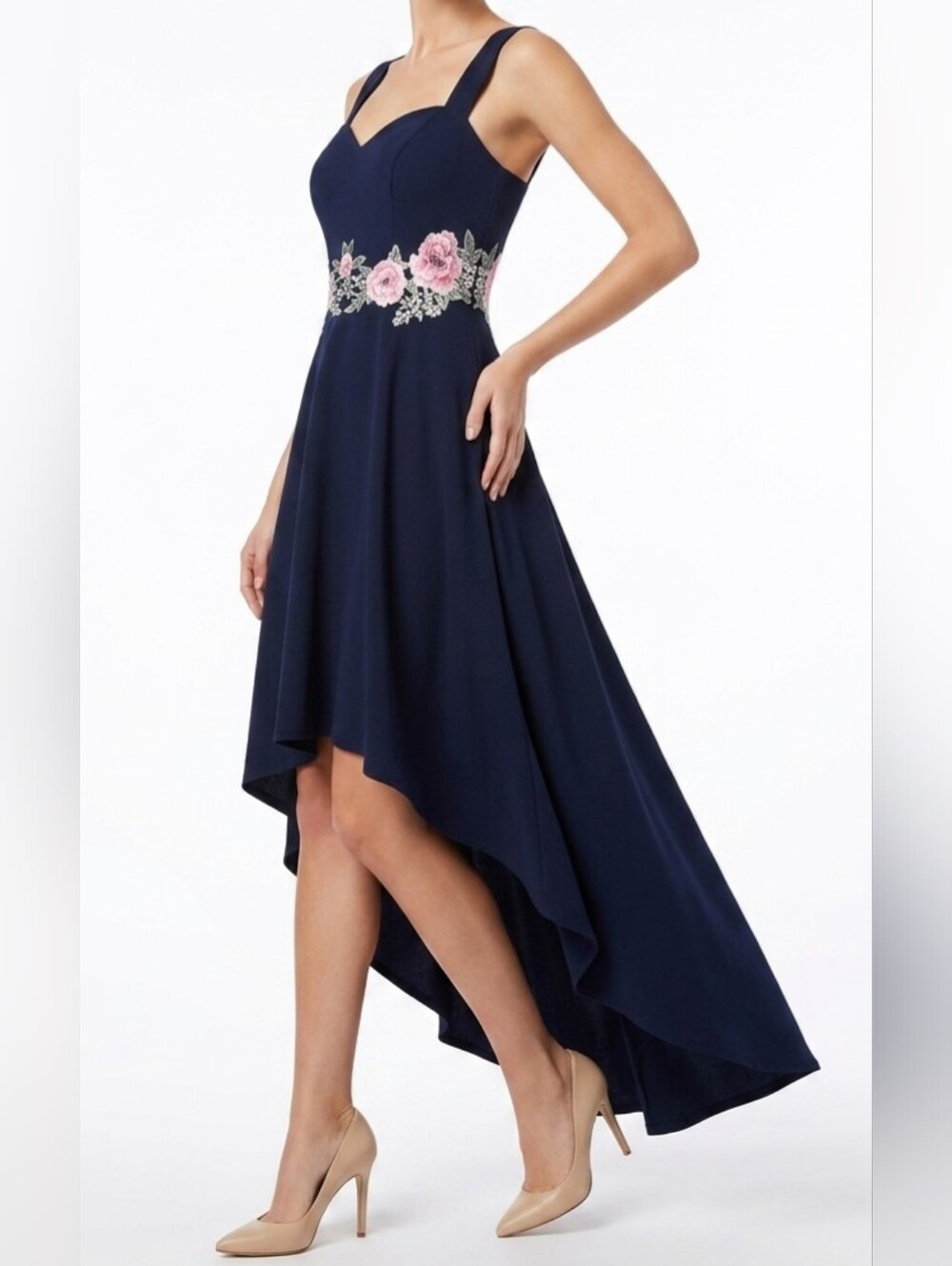 Premier Amour Navy High-Low Dress with Pink Floral Waist Embroidery